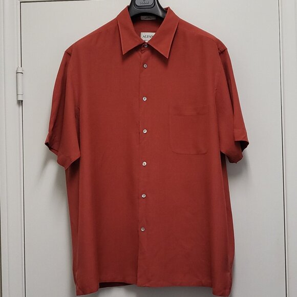 Vintage Alfani Shirt Silk Mens XXL Button Up Short Sleeve Ripstop Rust - Picture 1 of 13